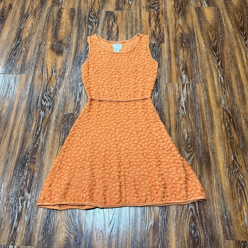M.S.S.P. Max Studio XS Fit Flare Textured Dress Womens Orange Floral Embroidered